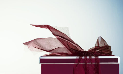 gift in a wrapped box with a red bow