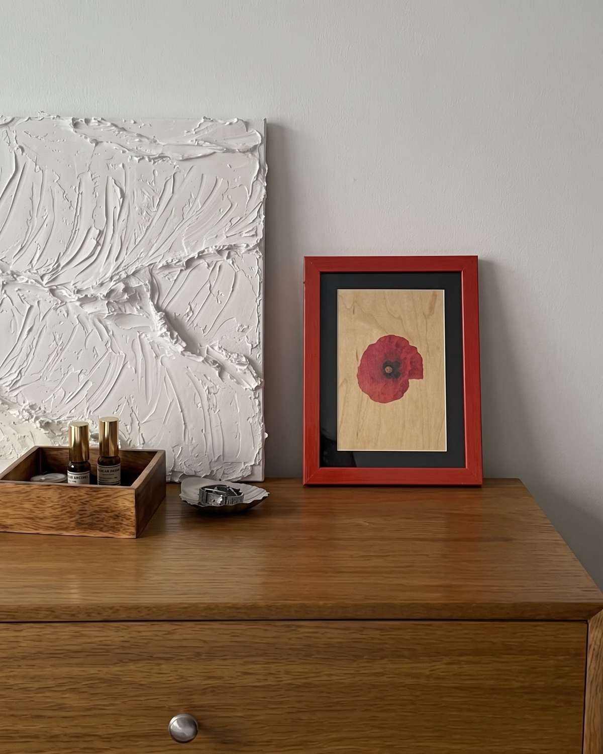 Red Poppy Flower on Veneer | Framed Botanical Artwork