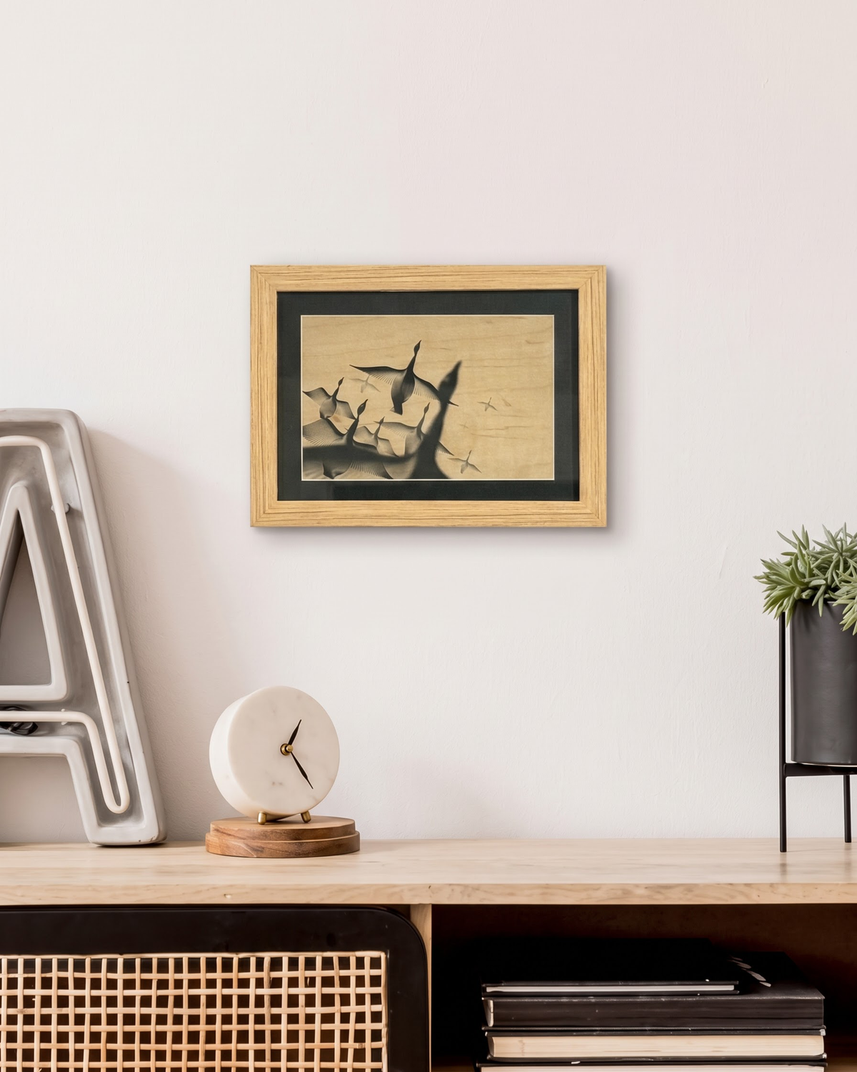 Flying Birds Framed Artwork | Natural Wood Frame