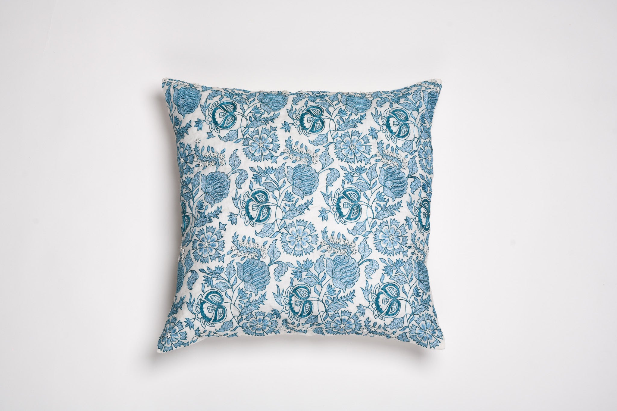 Porcelain Garden – Blue Floral Cushion on White