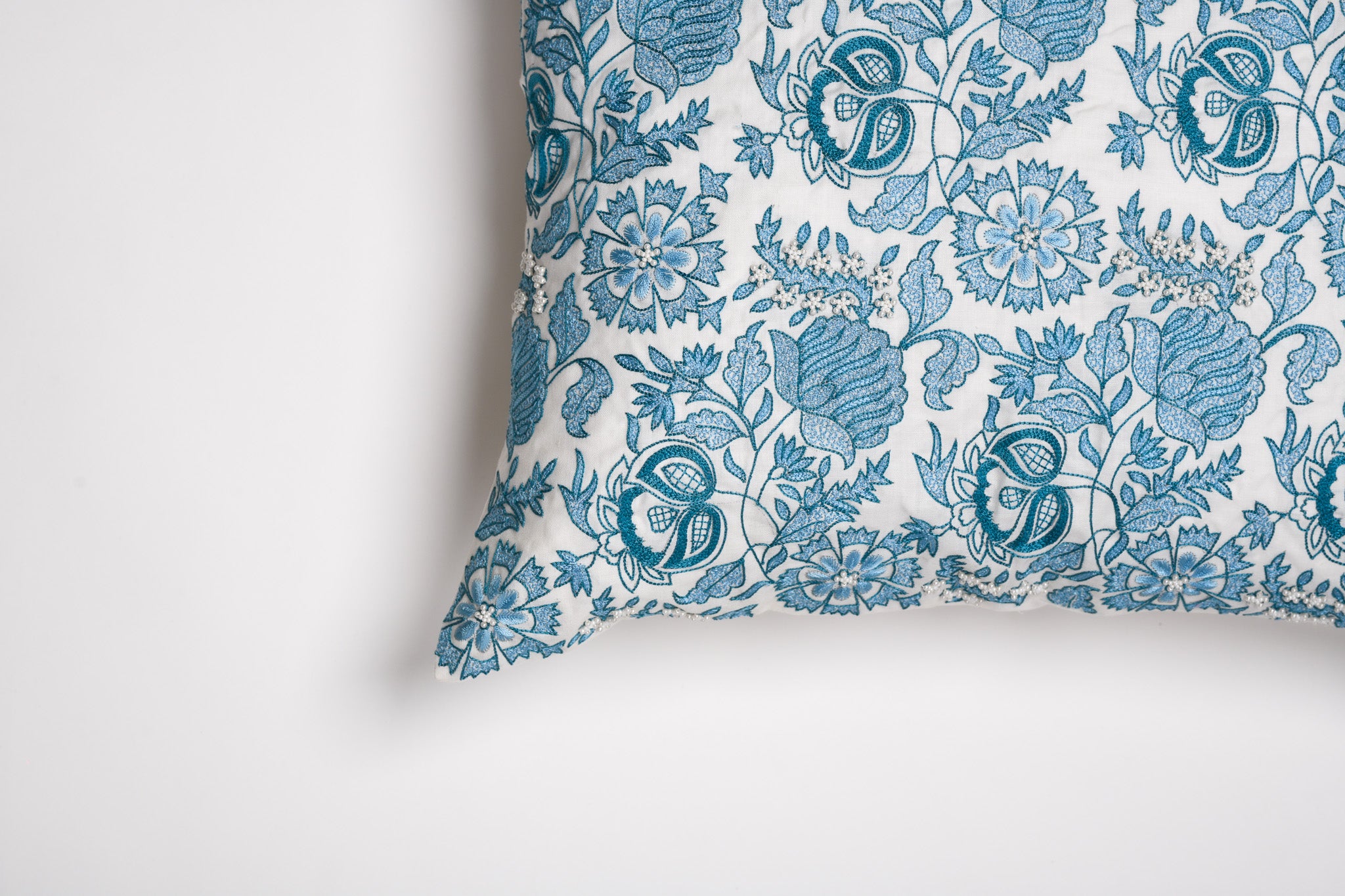 Porcelain Garden – Blue Floral Cushion on White