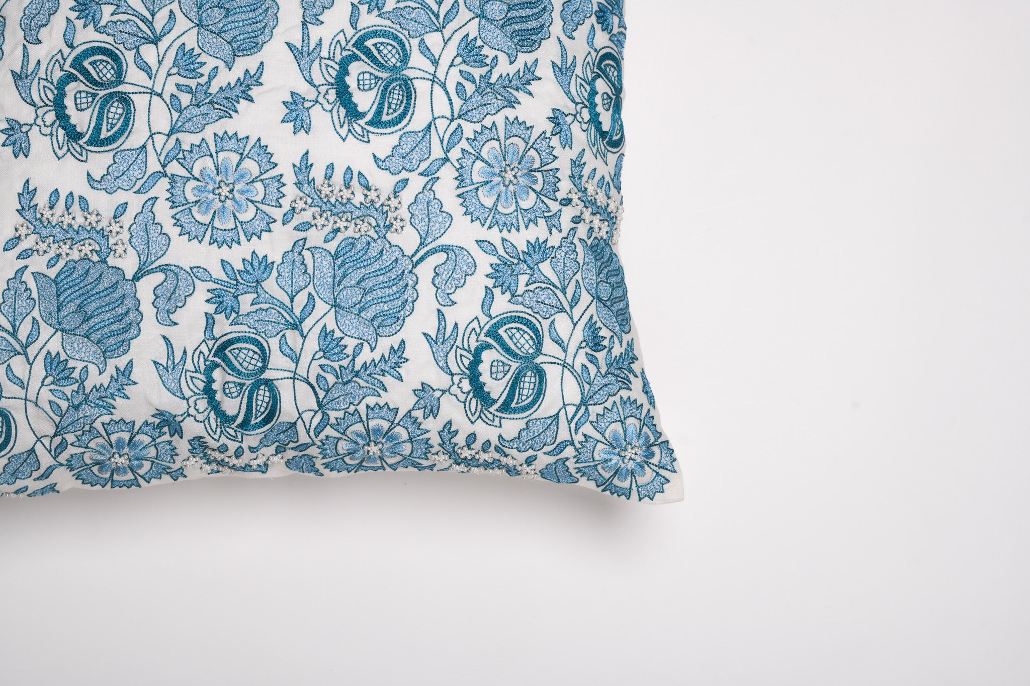 Porcelain Garden – Blue Floral Cushion on White