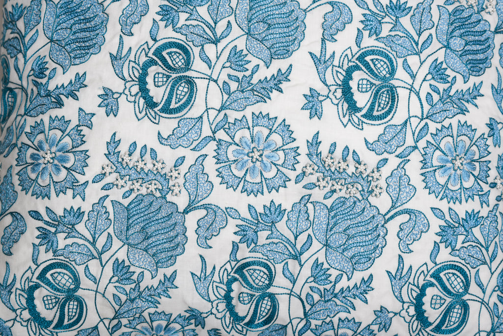 Porcelain Garden – Blue Floral Cushion on White