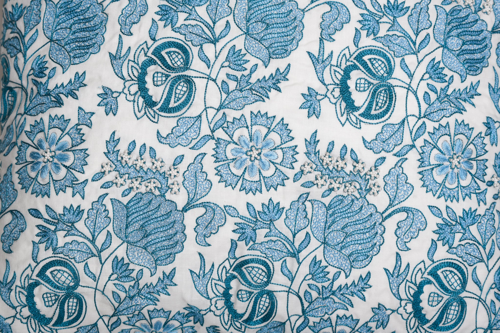 Porcelain Garden – Blue Floral Cushion on White