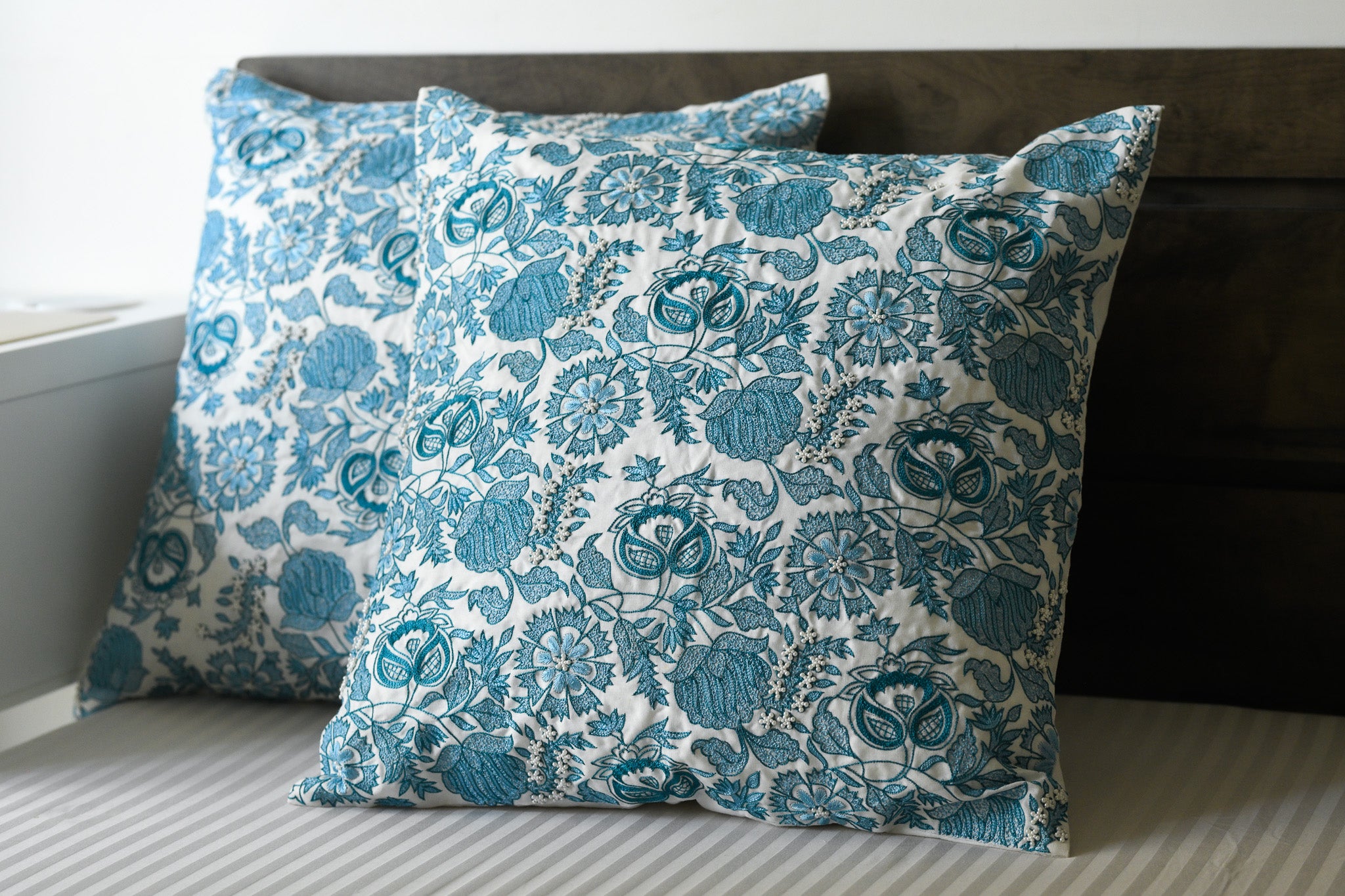 Porcelain Garden – Blue Floral Cushion on White