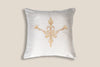 Front of an Exclusive white silk cushion with golden peacock zardozi embroidery