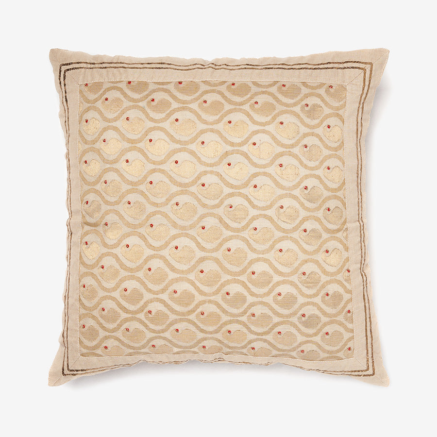 Gold weave mango - cream silk luxury cushion with beads