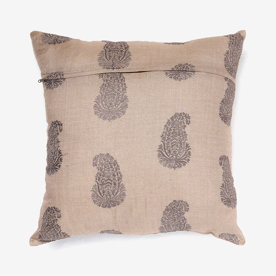 back of a Paisley - grey & brown Silk luxury cushion with paisley thread work