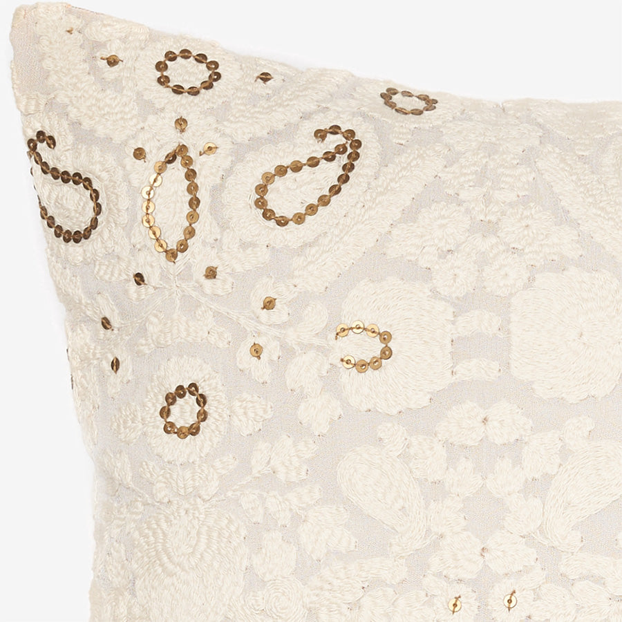 Ivory luxury cushion with floral threadwork & golden sequins