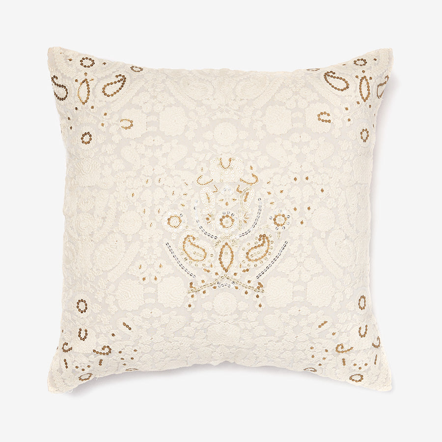 Ivory luxury cushion with floral threadwork & golden sequins