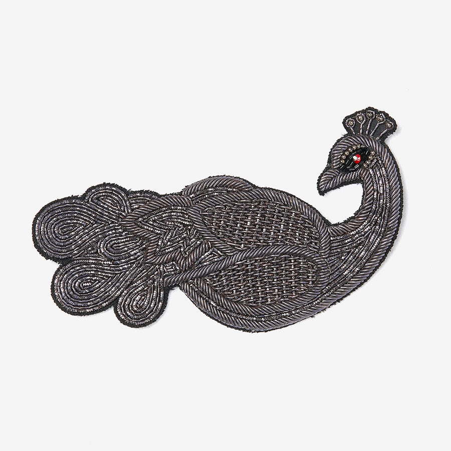 Silver peacock embroidered patch