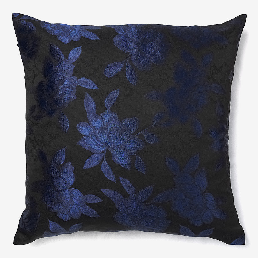 Black silk luxury cushion with blue flower pattern