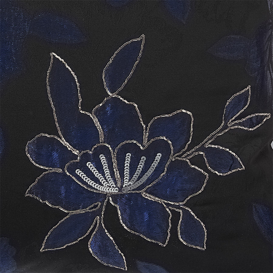 Black silk luxury cushion with blue flower pattern