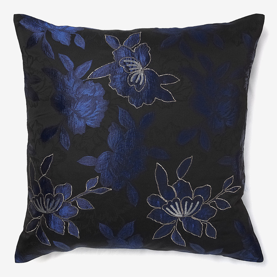 Black silk luxury cushion with blue flower pattern