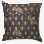 back of a Beige, gold & white silk luxury cushion with beads in a white background