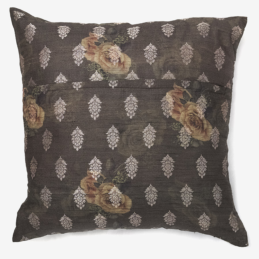 back of a Beige, gold & white silk luxury cushion with beads in a white background