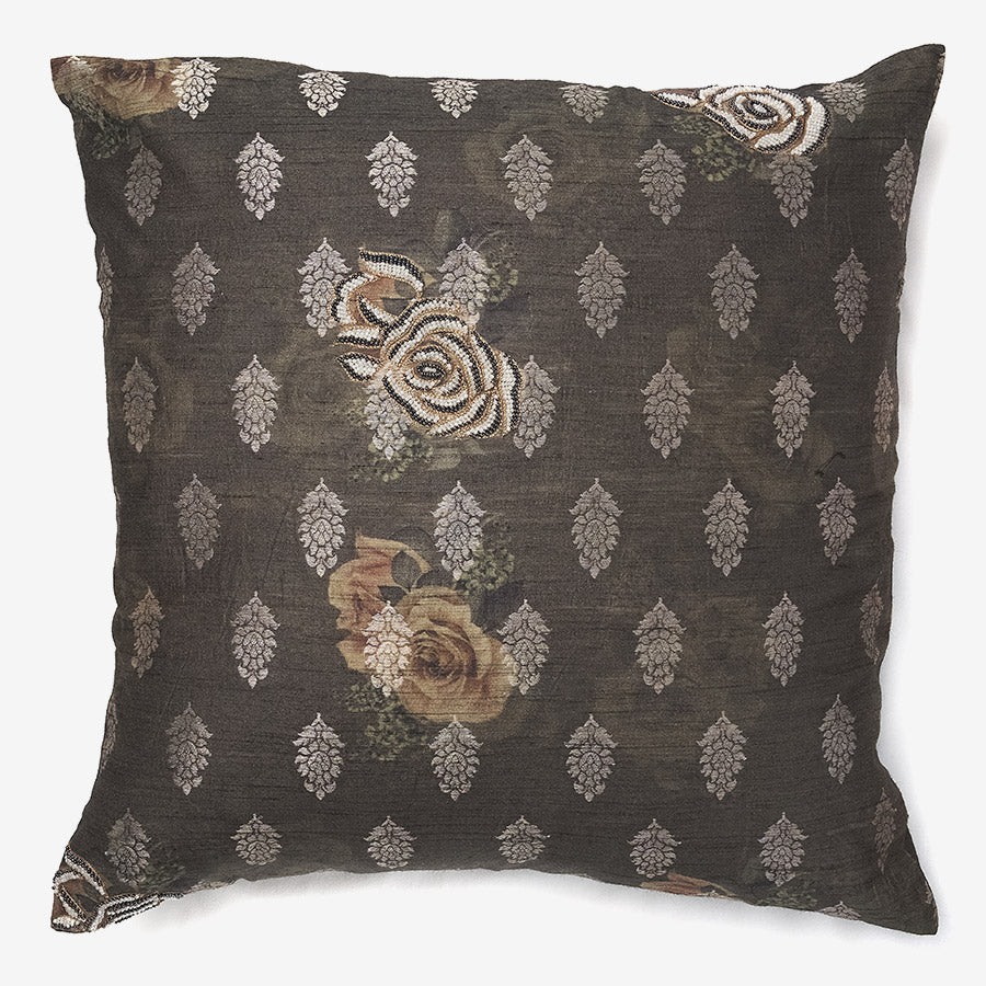 Beige, gold & white silk luxury cushion with beads in a white background