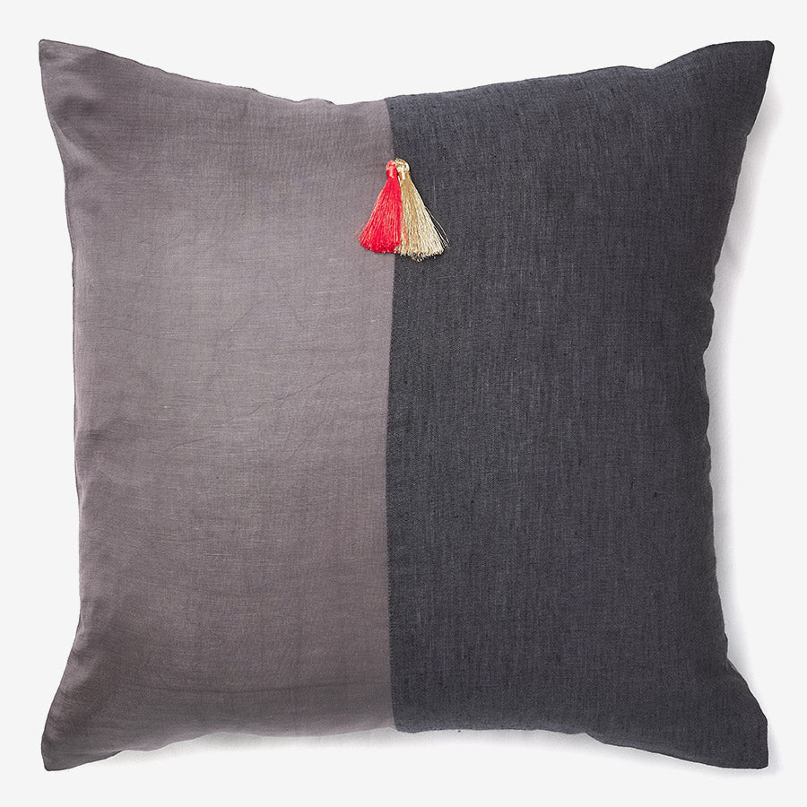 Grey and black silk and linen luxury cushion with a tassel
