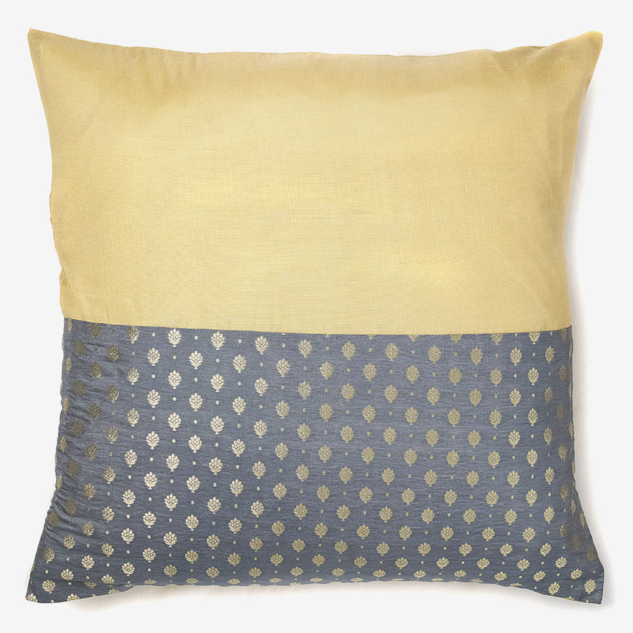 Grey & gold silk luxury cushion with brocade motifs & sequins