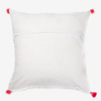 back of a White linen luxury cushion with zardozi work and tassels