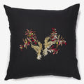 front of a Summer birds - black linen luxury cushion with sequins, stones & beds
