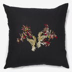 front of a Summer birds - black linen luxury cushion with sequins, stones & beds