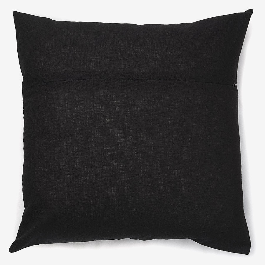 back of a Black linen luxury cushion with zardozi motifs, beads & tassel