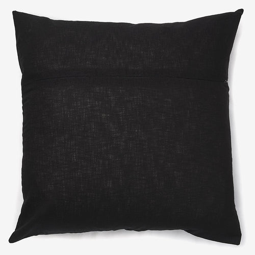 back of a Black linen luxury cushion with zardozi motifs, beads & tassel